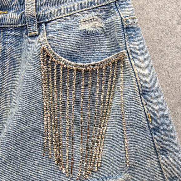 Cider Womens High Waisted Rhinestone Fringe Distressed Denim Shorts Light Wash S - Picture 5 of 10